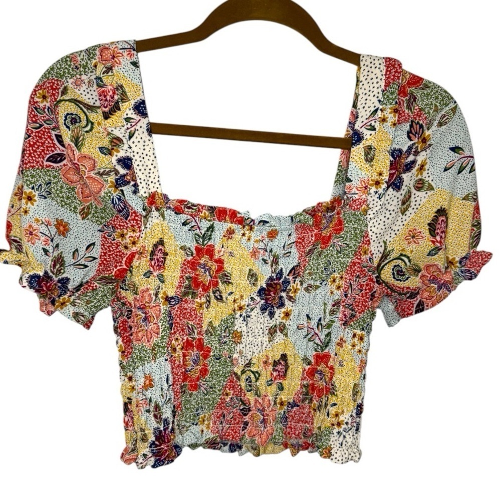 Monteau Multicolor Floral Patchwork Puff Sleeve Crop Top